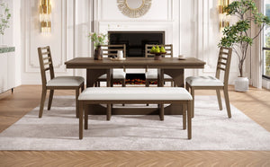 English Elm Trexm Rustic Oak Veneer Extendable Dining Set Seats Six with Bench and Ladder Back Chairs ST000163AAP
