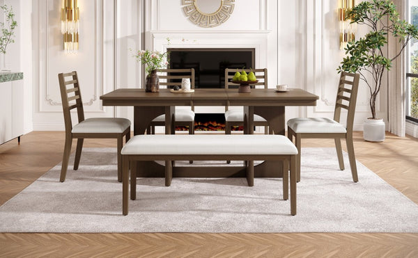 English Elm Trexm Rustic Oak Veneer Extendable Dining Set Seats Six with Bench and Ladder Back Chairs ST000163AAP