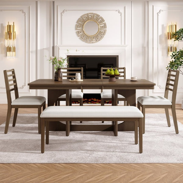 English Elm Trexm Rustic Oak Veneer Extendable Dining Set Seats Six with Bench and Ladder Back Chairs ST000163AAP