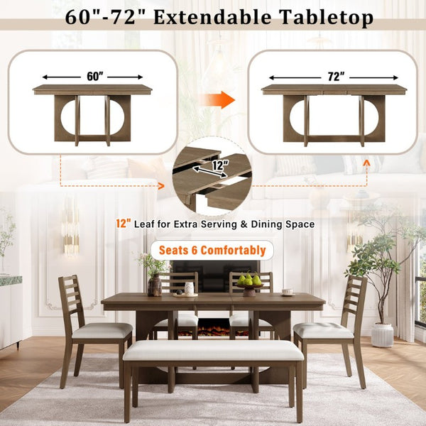 English Elm Trexm Rustic Oak Veneer Extendable Dining Set Seats Six with Bench and Ladder Back Chairs ST000163AAP