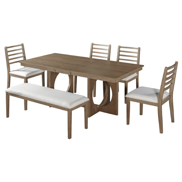 English Elm Trexm Rustic Oak Veneer Extendable Dining Set Seats Six with Bench and Ladder Back Chairs ST000163AAP