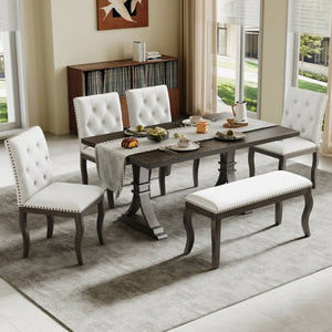 English Elm Trexm Six Piece Farmhouse Dining Set Oak Veneer Table Tufted Chairs Bench Nailhead Espresso ST000164AAB