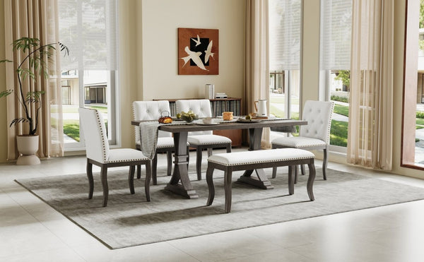 English Elm Trexm Six Piece Farmhouse Dining Set Oak Veneer Table Tufted Chairs Bench Nailhead Espresso ST000164AAB