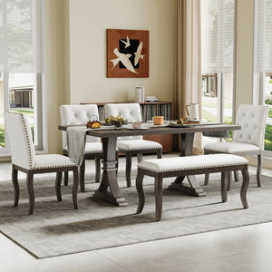 English Elm Trexm Six Piece Farmhouse Dining Set Oak Veneer Table Tufted Chairs Bench Nailhead Espresso ST000164AAB