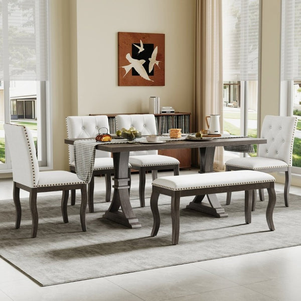 English Elm Trexm Six Piece Farmhouse Dining Set Oak Veneer Table Tufted Chairs Bench Nailhead Espresso ST000164AAB