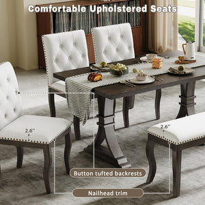 English Elm Trexm Six Piece Farmhouse Dining Set Oak Veneer Table Tufted Chairs Bench Nailhead Espresso ST000164AAB