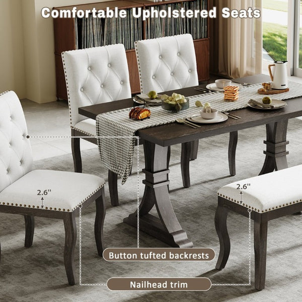 English Elm Trexm Six Piece Farmhouse Dining Set Oak Veneer Table Tufted Chairs Bench Nailhead Espresso ST000164AAB