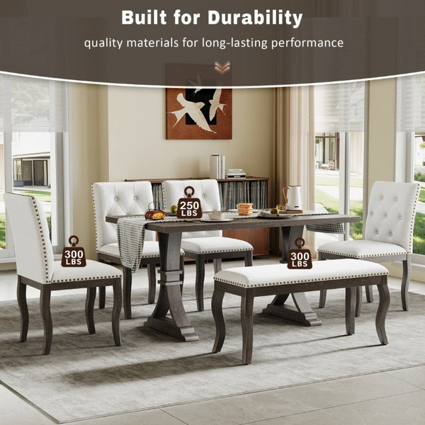 English Elm Trexm Six Piece Farmhouse Dining Set Oak Veneer Table Tufted Chairs Bench Nailhead Espresso ST000164AAB