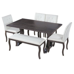 English Elm Trexm Six Piece Farmhouse Dining Set Oak Veneer Table Tufted Chairs Bench Nailhead Espresso ST000164AAB