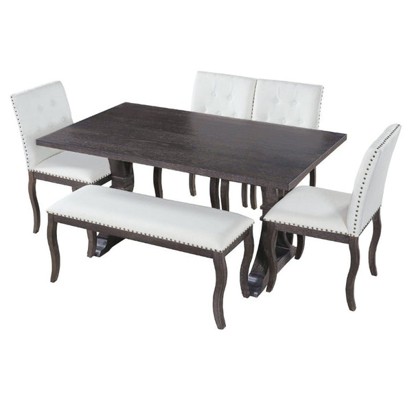 English Elm Trexm Six Piece Farmhouse Dining Set Oak Veneer Table Tufted Chairs Bench Nailhead Espresso ST000164AAB