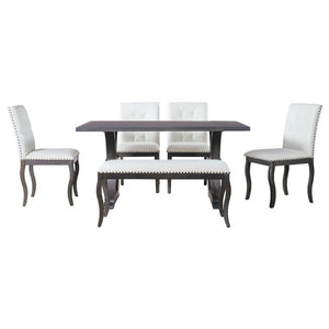 English Elm Trexm Six Piece Farmhouse Dining Set Oak Veneer Table Tufted Chairs Bench Nailhead Espresso ST000164AAB