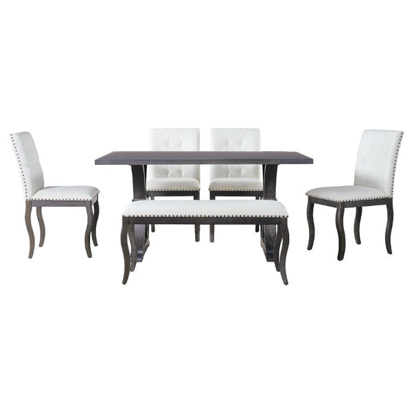 English Elm Trexm Six Piece Farmhouse Dining Set Oak Veneer Table Tufted Chairs Bench Nailhead Espresso ST000164AAB
