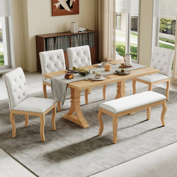 English Elm Trexm Six Piece Farmhouse Dining Set Oak Veneer Table Tufted Chairs Bench Nailhead Natural ST000164AAD