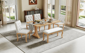 English Elm Trexm Six Piece Farmhouse Dining Set Oak Veneer Table Tufted Chairs Bench Nailhead Natural ST000164AAD
