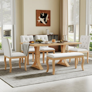 English Elm Trexm Six Piece Farmhouse Dining Set Oak Veneer Table Tufted Chairs Bench Nailhead Natural ST000164AAD