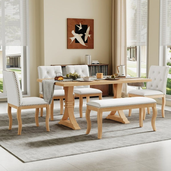 English Elm Trexm Six Piece Farmhouse Dining Set Oak Veneer Table Tufted Chairs Bench Nailhead Natural ST000164AAD