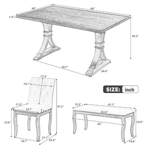 English Elm Trexm Six Piece Farmhouse Dining Set Oak Veneer Table Tufted Chairs Bench Nailhead Natural ST000164AAD