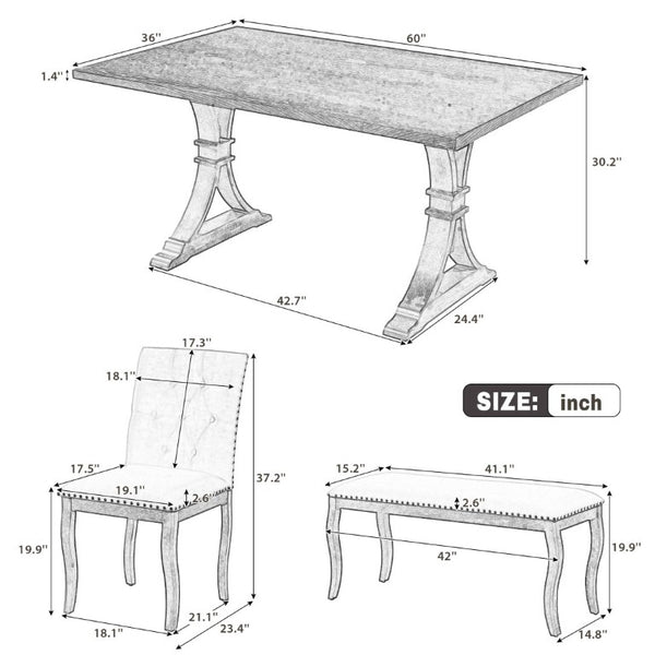 English Elm Trexm Six Piece Farmhouse Dining Set Oak Veneer Table Tufted Chairs Bench Nailhead Natural ST000164AAD