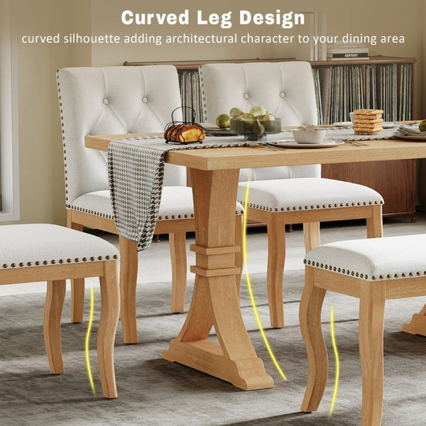 English Elm Trexm Six Piece Farmhouse Dining Set Oak Veneer Table Tufted Chairs Bench Nailhead Natural ST000164AAD