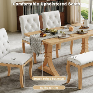 English Elm Trexm Six Piece Farmhouse Dining Set Oak Veneer Table Tufted Chairs Bench Nailhead Natural ST000164AAD