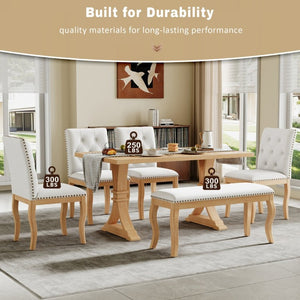 English Elm Trexm Six Piece Farmhouse Dining Set Oak Veneer Table Tufted Chairs Bench Nailhead Natural ST000164AAD