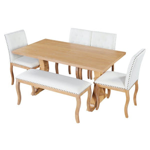 English Elm Trexm Six Piece Farmhouse Dining Set Oak Veneer Table Tufted Chairs Bench Nailhead Natural ST000164AAD