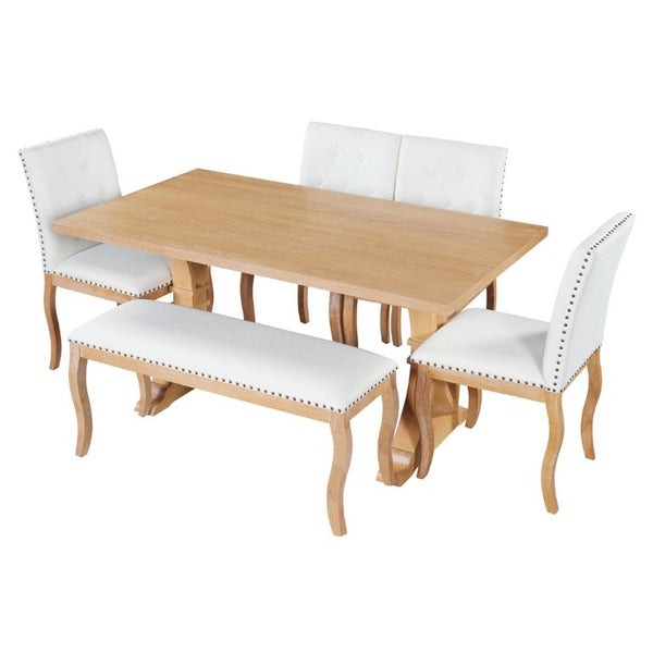 English Elm Trexm Six Piece Farmhouse Dining Set Oak Veneer Table Tufted Chairs Bench Nailhead Natural ST000164AAD