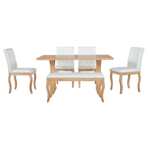 English Elm Trexm Six Piece Farmhouse Dining Set Oak Veneer Table Tufted Chairs Bench Nailhead Natural ST000164AAD