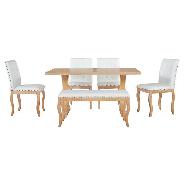English Elm Trexm Six Piece Farmhouse Dining Set Oak Veneer Table Tufted Chairs Bench Nailhead Natural ST000164AAD