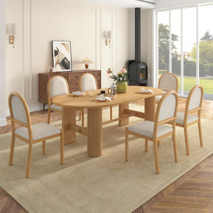 English Elm Trexm Oval Oak Veneer Dining Table Set Seating Six with Upholstered Chairs Pedestal Base ST000165AAN
