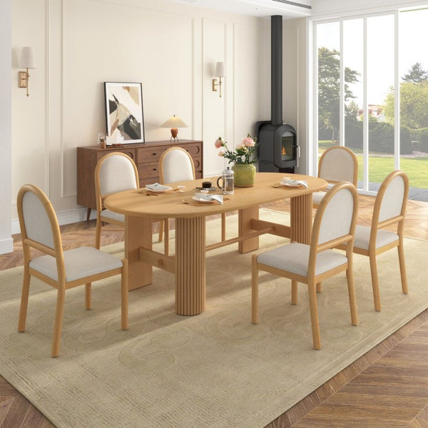 English Elm Trexm Oval Oak Veneer Dining Table Set Seating Six with Upholstered Chairs Pedestal Base ST000165AAN