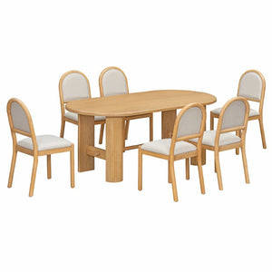 English Elm Trexm Oval Oak Veneer Dining Table Set Seating Six with Upholstered Chairs Pedestal Base ST000165AAN