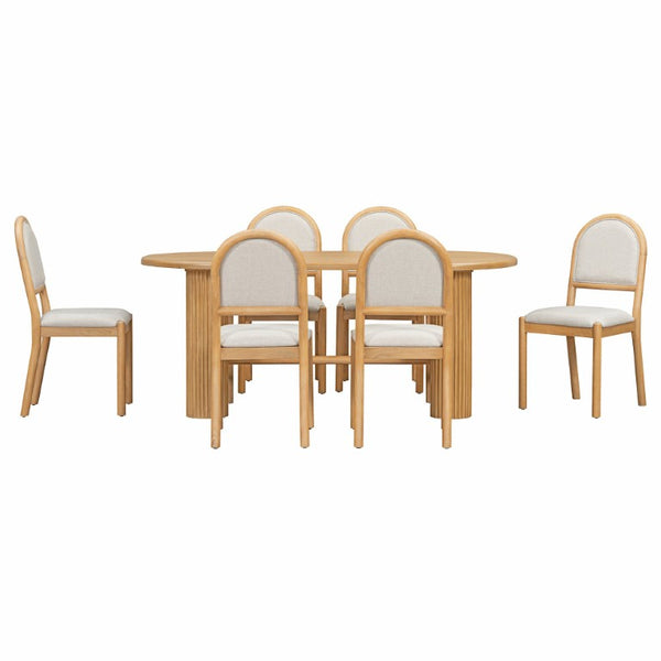 English Elm Trexm Oval Oak Veneer Dining Table Set Seating Six with Upholstered Chairs Pedestal Base ST000165AAN