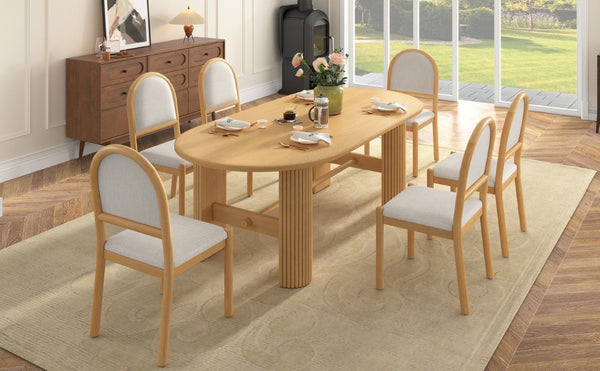 English Elm Trexm Oval Oak Veneer Dining Table Set Seating Six with Upholstered Chairs Pedestal Base ST000165AAN