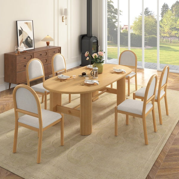 English Elm Trexm Oval Oak Veneer Dining Table Set Seating Six with Upholstered Chairs Pedestal Base ST000165AAN