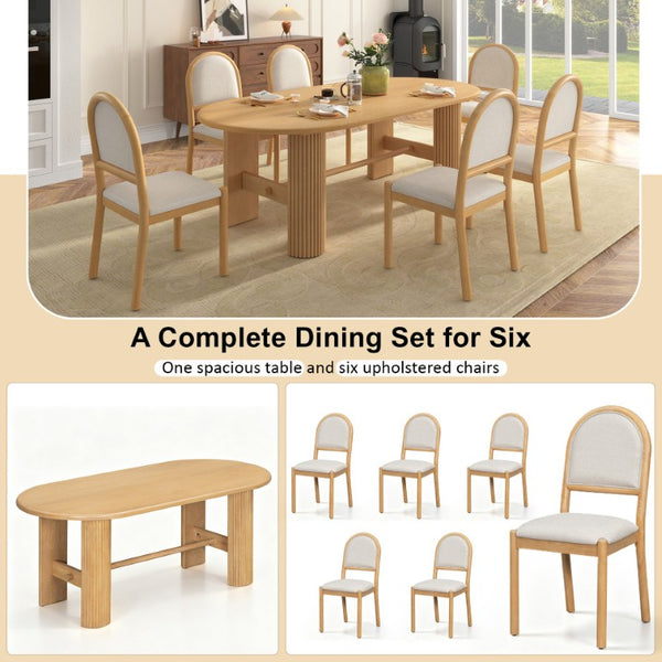 English Elm Trexm Oval Oak Veneer Dining Table Set Seating Six with Upholstered Chairs Pedestal Base ST000165AAN