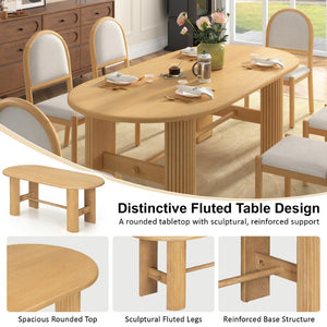 English Elm Trexm Oval Oak Veneer Dining Table Set Seating Six with Upholstered Chairs Pedestal Base ST000165AAN