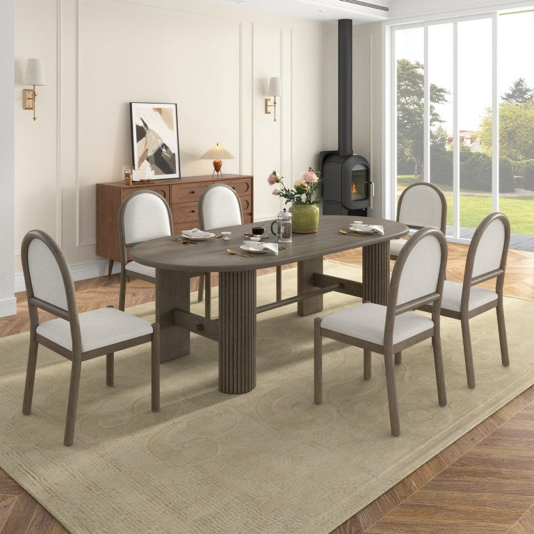 English Elm Trexm Oval Oak Veneer Dining Set Seats Six with Fluted Pedestal Base and Upholstered Chairs ST000165AAP