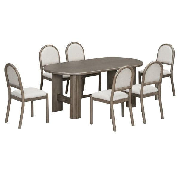 English Elm Trexm Oval Oak Veneer Dining Set Seats Six with Fluted Pedestal Base and Upholstered Chairs ST000165AAP