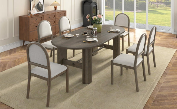 English Elm Trexm Oval Oak Veneer Dining Set Seats Six with Fluted Pedestal Base and Upholstered Chairs ST000165AAP