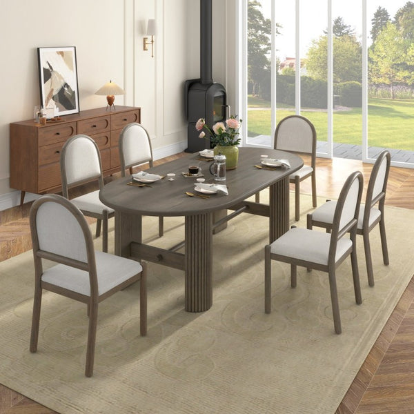 English Elm Trexm Oval Oak Veneer Dining Set Seats Six with Fluted Pedestal Base and Upholstered Chairs ST000165AAP