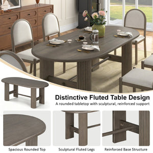 English Elm Trexm Oval Oak Veneer Dining Set Seats Six with Fluted Pedestal Base and Upholstered Chairs ST000165AAP