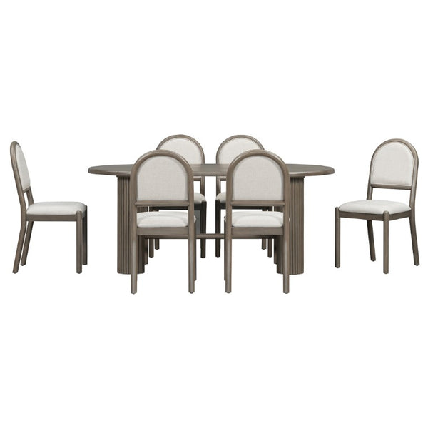 English Elm Trexm Oval Oak Veneer Dining Set Seats Six with Fluted Pedestal Base and Upholstered Chairs ST000165AAP