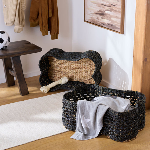 Safavieh Roscoe Set Of 2 Stylish Dog Bone Baskets - Durable Leather & Foam For Chic Pet Storage Solutions Black Rattan Stg1804b