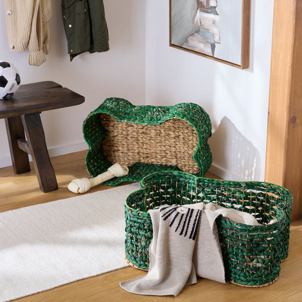 Safavieh Roscoe Set Of 2 Stylish Dog Bone Baskets - Durable Leather & Foam For Chic Pet Storage Solutions Green Rattan Stg1804c