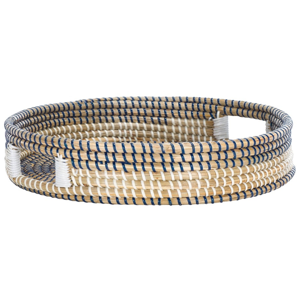 Safavieh Hawley Round Tray - Artisan Handwoven Seagrass With Coastal Charm For Stylish Home Organization & Decor White / Blue STG1809A
