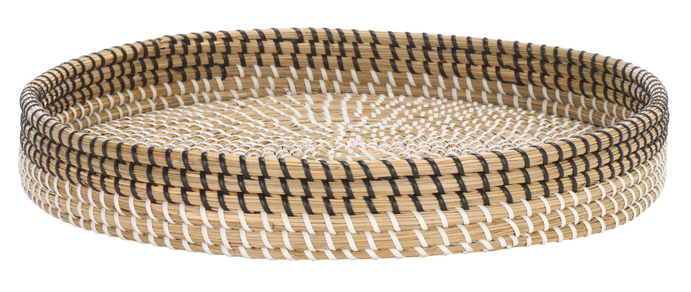 Safavieh Hawley Round Tray - Elegant White And Black Woven Decor Piece For Serving And Displaying Items White ,Black Seagrass And Pp String Stg1809b