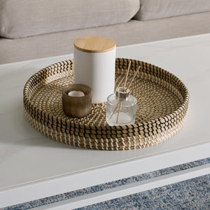 Safavieh Hawley Round Tray - Elegant White And Black Woven Decor Piece For Serving And Displaying Items White ,Black Seagrass And Pp String Stg1809b