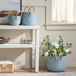 Safavieh Grenley Rattan Woven Square Storage Baskets Set of Three Graduated Earthy Boho Organizers Light Blue / Natural STG1817B