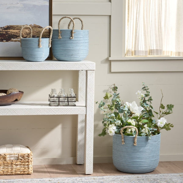 Safavieh Grenley Rattan Woven Square Storage Baskets Set of Three Graduated Earthy Boho Organizers Light Blue / Natural STG1817B